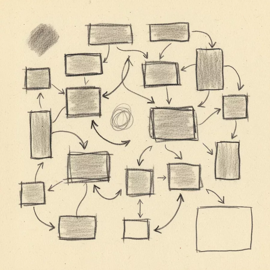Le système d’une entreprise, dessiné à la main, tel qu’il est : dix-huit boîtes, des flux qui se croisent.